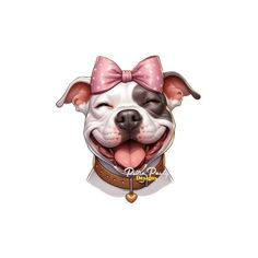 a dog with a pink bow on it's head and its tongue hanging out