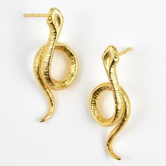 Brass Snake Earrings - Goldmakers Fine Jewelry Single Brass Earring As A Gift, Single Brass Earring For Gift, Artistic Gold Hoop Earrings As Gift, Artistic Gold Hoop Earrings For Gift, Bronze Snake Shape Jewelry As Gift, Artistic Brass Earrings Nickel Free, Bronze Snake-shaped Jewelry Gift, Handmade Gold Snake-shaped Earrings, Elegant Snake Shape Earrings With Ear Wire