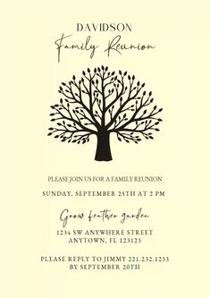 a family reunion card with a tree on it