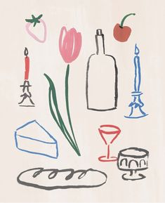 a drawing of food and flowers on a white paper with candles, wine bottle, cake, candle holder