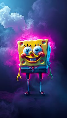 a spongebob character standing in front of some clouds