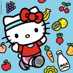 an image of hello kitty with fruits and veggies in the air on a blue background