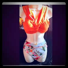 This Suit Is Unique High Waist Brazilian Style Bottoms Cute Halter Crossover Style Top Size Medium New Never Worn Bright Beautiful Colors A Classic And Classy Suit That Will Never Go Out Of Style Orange Triangle Top Tankini For Pool, Orange Triangle Top Tankini For Sunbathing, Orange Tropical Stretch Swimwear, Tropical Orange Stretch Swimwear, Tropical Style Orange Stretch Swimwear, Orange Tropical Swimwear, Orange Triangle Top Tankini For Beachwear, Orange Triangle Top Swimwear For Spring, Fitted Orange Tankini With Triangle Top