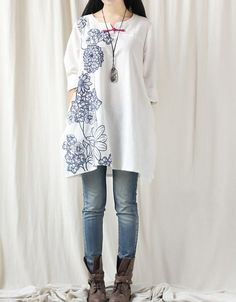 Chic Shirt Cotton Blouse Women Long Shirt by MaLieb on Etsy White Half Sleeve Dress For Daywear, White Long Sleeve Tunic For Spring, White Relaxed Fit A-line Dress, White Relaxed Fit Tunic Dress, Casual White Tunic Dress, White Shift Dress For Daywear, Women Long Shirt, Army Green Blouse, Women Robe