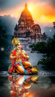 the god is sitting in front of a temple with his reflection on the water surface