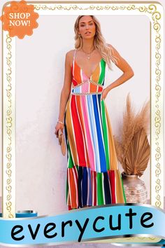 Crochet Insert Multicolor Striped Maxi Dress Spring Beach Color Block Maxi Dress, Summer Beach Color Block Maxi Dress, Multicolor Summer Maxi Dress With Color Block, Multicolor Color Block Maxi Dress For Vacation, Multicolor Color Block Dress For Summer, Vacation Color Block Sundress, Chic Multicolor Color Block Maxi Dress, Casual Beach Maxi Dress With Color Block, Chic Color Block Beach Dresses