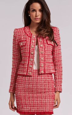 Generation Love Karson Tweed Jacket in Red/White - Estilo Boutique Blazer 2024, Tweed Suit Women, Tweed Jacket Women, Tweed Fashion, Tweed Set, Blazer And Skirt Set, Tweed Suit, Autumn Trends, Love S