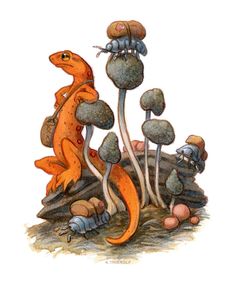 an orange lizard sitting on top of a pile of mushrooms next to other plants and mushrooms