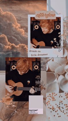 a collage of photos with an image of a person playing guitar and clouds in the background