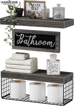 bathroom shelves with towels, toilet paper and other items