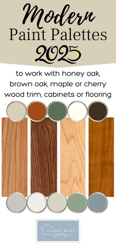 Paint color palettes for homes with oak, cherry, or maple cabinets or trim Color Palette With Cherry Wood, Walnut Furniture Color Palette, Living Room Paint Color Ideas With Honey Oak Trim, Cedar Color Palette, Paint Colors That Go With Maple Cabinets, Apple Core Paint Color, Paint Colors That Go With Cedar Wood, Kitchen Paint Colors With Maple Cabinets, Paint Colors To Tone Down Orange Wood