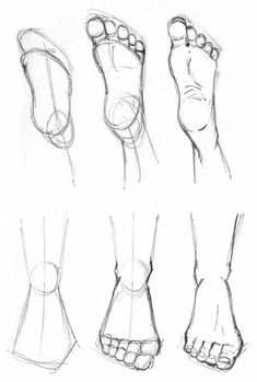 four different views of feet and toes in various stages of drawing, with one being drawn