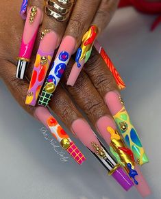 Junk Nails Bling, Nails Bling, Junk Nails, Nail Appointment, Abstract Nails, Long Square Nails, Curved Nails, Nail Art Set