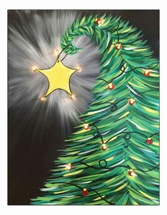 a painting of a christmas tree with a star on it's top and lights in the background