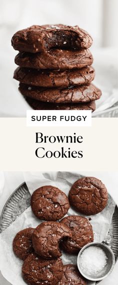 chocolate cookies are stacked on top of each other with the words super fudy brownie cookies