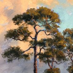 an oil painting of trees against a blue sky