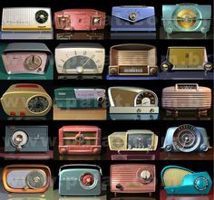 many different types of radio's are shown in this image, including one with the dials on it