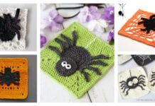 crocheted halloween coasters with black and white designs on them, including spider