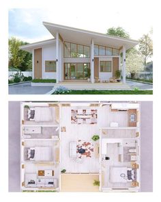 two different views of the same house from top to bottom, with one room on the second floor