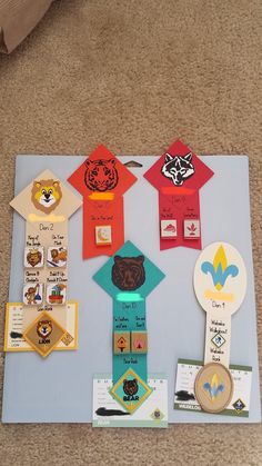 a bulletin board with different types of badges on it's sides and labels attached to the boards