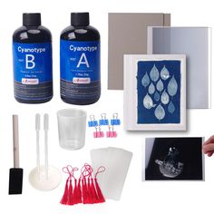 the contents of an art project displayed on a white background with pictures and other items