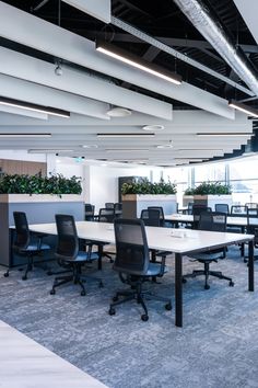 an office with tables, chairs and plants in the middle of it's walls