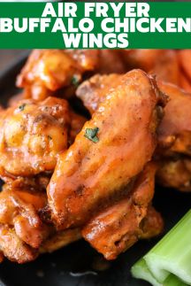 an advertisement for air fryer buffalo wings on a black plate with celery