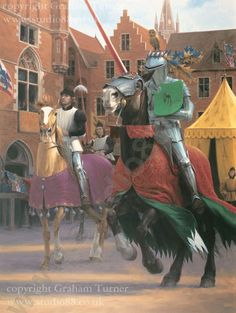 two knights on horses in front of some buildings