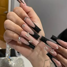 Color Tone: Mixed Color System Nail Shape: Square Shape Nail Length: Long Nail Pattern: Flower,Heart Nail Finishes: Glossy Black French Nails, Solid Color Nails, Nagel Tips, Nails Set, Unique Acrylic Nails, Long Square Acrylic Nails, Nail Supplies, Nail Length, Acrylic Nails Coffin