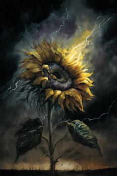 Watercolor Painted Sunflower After Heavy Storm Sunflower Fantasy Art, Sunflower Painting Black Background, Big Sunflower Painting, Sunflower Bouquet Painting, Chic Throw Pillows, Famous Sunflower Painting, Sunflower Wall Decor, Yellow Petals