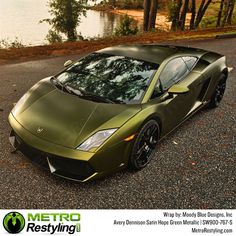 a green sports car parked in front of a lake