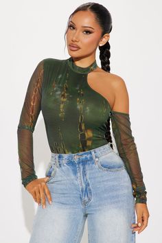 Available In Olive/combo. Bodysuit One Shoulder Long Sleeve Abstract Print Cheeky Bottom Double Lined Mesh Stretch Final Sale Disclaimer: Print Placement May Vary Shell: 85% Polyester 15% Spandex Lining:100% Polyester Imported | Mood For You Mesh Bodysuit in Olive Green size Small by Fashion Nova Trendy Green Bodysuit For Fall, Green Bodysuit For Night Out In Fall, Fall Green Bodysuit For Night Out, Green Fall Bodysuit For Night Out, Search By Photo, Mesh Bodysuit, Print Placement, Jeans Jumpsuit, Swim Top