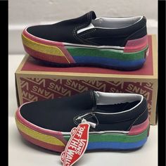 New In Half Box, Never Worn Primary Colors Vans, Black Rainbow Vans, Multi Colored Vans, Black Vans Slip-on Sneakers With Rubber Sole, Leopard Print Vans, Rainbow Vans, Vans Slip On Shoes, Vans Yellow, Grey Vans