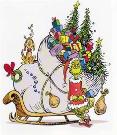 the grinch rides on a sleigh with presents in his sack and christmas tree