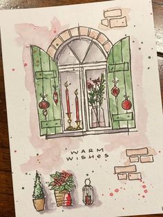 a card with the words warm wishes written in front of an open window and potted plants