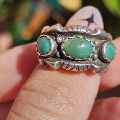 Vintage Ring Four Turquoise Stones One Is Greener Than The Others Unmarked Sz9 Approx Slightly Adjusts To About 9.75 See Photos For Condition Only Ring In First Photo Included A1 Ring Color, Turquoise Stones, Vintage Ring, Turquoise Stone, Womens Jewelry Rings, Sterling Ring, First Photo, Vintage Rings, Silver Rings