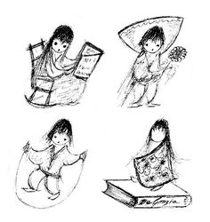 four drawings of children reading books and holding flowers