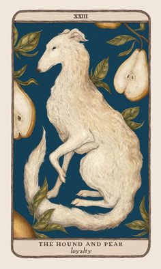 the hound and pear tarot card is shown in this image, with an animal sitting on it's hind legs