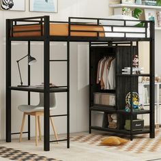 a loft bed with a desk underneath it and shelves below the bed for books or magazines