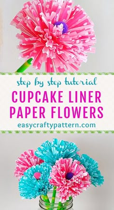 Pink and blue paper flowers from cupcake liners. Flowers Out Of Cupcake Liners, Paper Flowers Cupcake Liners, Flowers From Cupcake Liners, Craft With Cupcake Liners, Cupcake Paper Flowers, Cupcake Paper Crafts, Easy Mothers Day Crafts For Toddlers, Play Prompts, Cupcake Liner Crafts