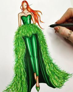 a drawing of a woman in a green dress with feathers on her body and long red hair