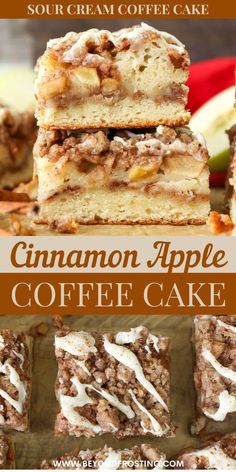 cinnamon apple coffee cake is stacked on top of each other with the words, sour cream coffee cake