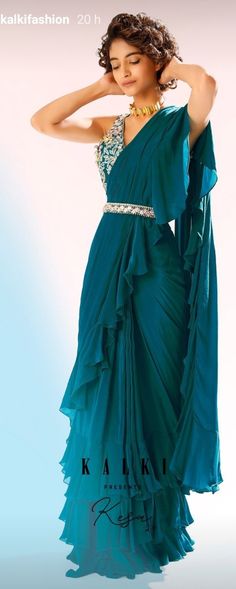 Off Saree Models, Saree Looks, Saree With Belt, Silk Crop Top, Kalki Fashion, Fashionable Saree Blouse Designs