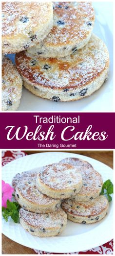 traditional scottish cakes with blueberries and powdered sugar on top are served in white plates