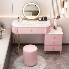 a pink vanity and stool with a round mirror on the wall in a bedroom setting