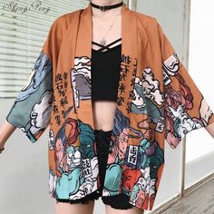 Harajuku Printed Japanese Kimono Blouse Top on Storenvy Yukata Women, Kimono Blouse, Kawaii Shirts, Beach Kimono, Japanese Streetwear, Womens Kimono, Modieuze Outfits, Japanese Outfits, Vintage Kimono