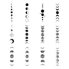 the phases of the moon are shown in black and white