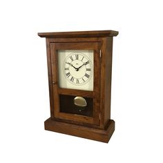 a wooden clock with roman numerals on the face