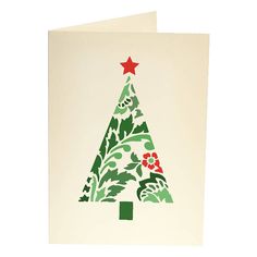 a card with a christmas tree on it's front and back side, in green and red