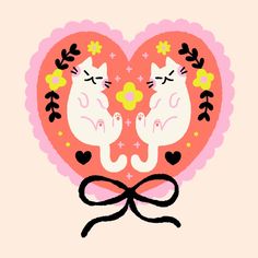 two cats in the shape of a heart with flowers and leaves on it's sides